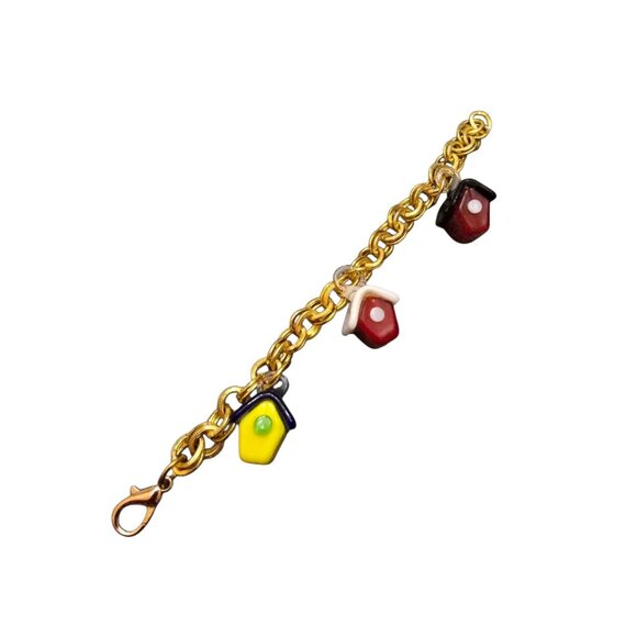 Vintage Unique Gold-Tone Glass Birdhouse Charm Bracelet (A8707) - Picture 2 of 4